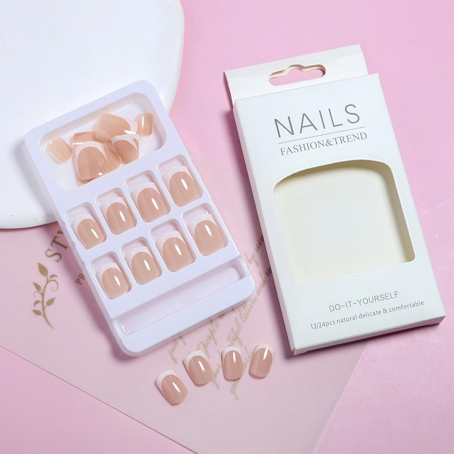 White French Tip Press On Nails Short Square Fake Nails Press ons Nude Glossy False Nails Reusable Acrylic Stick On Nails for Women Daily Home Office, 24 Manicure Kit with Adhesive Tabs