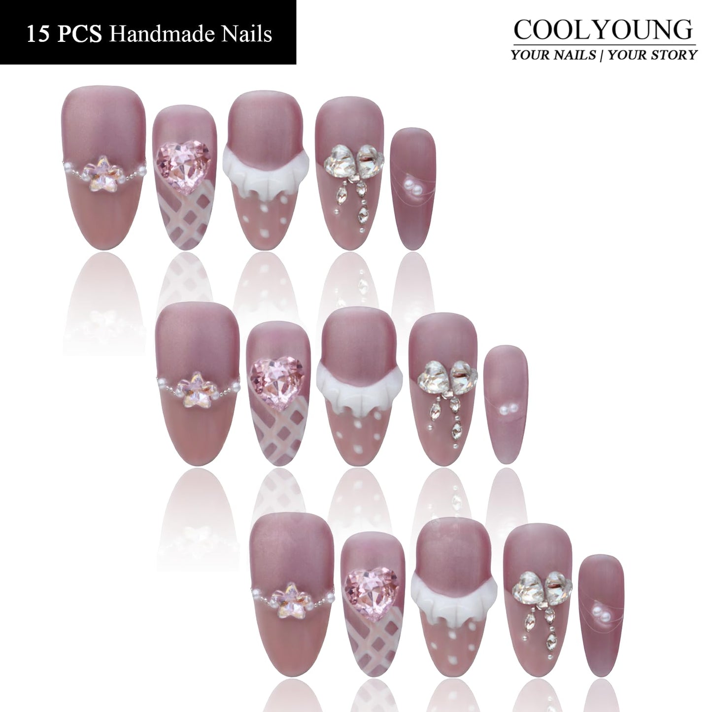 Handmade Press On Nails French Almond Shaped Press On Nails Pink 3D Nails Gifts For Women COOLYOUNG False Nails, 15 PCS, Size M