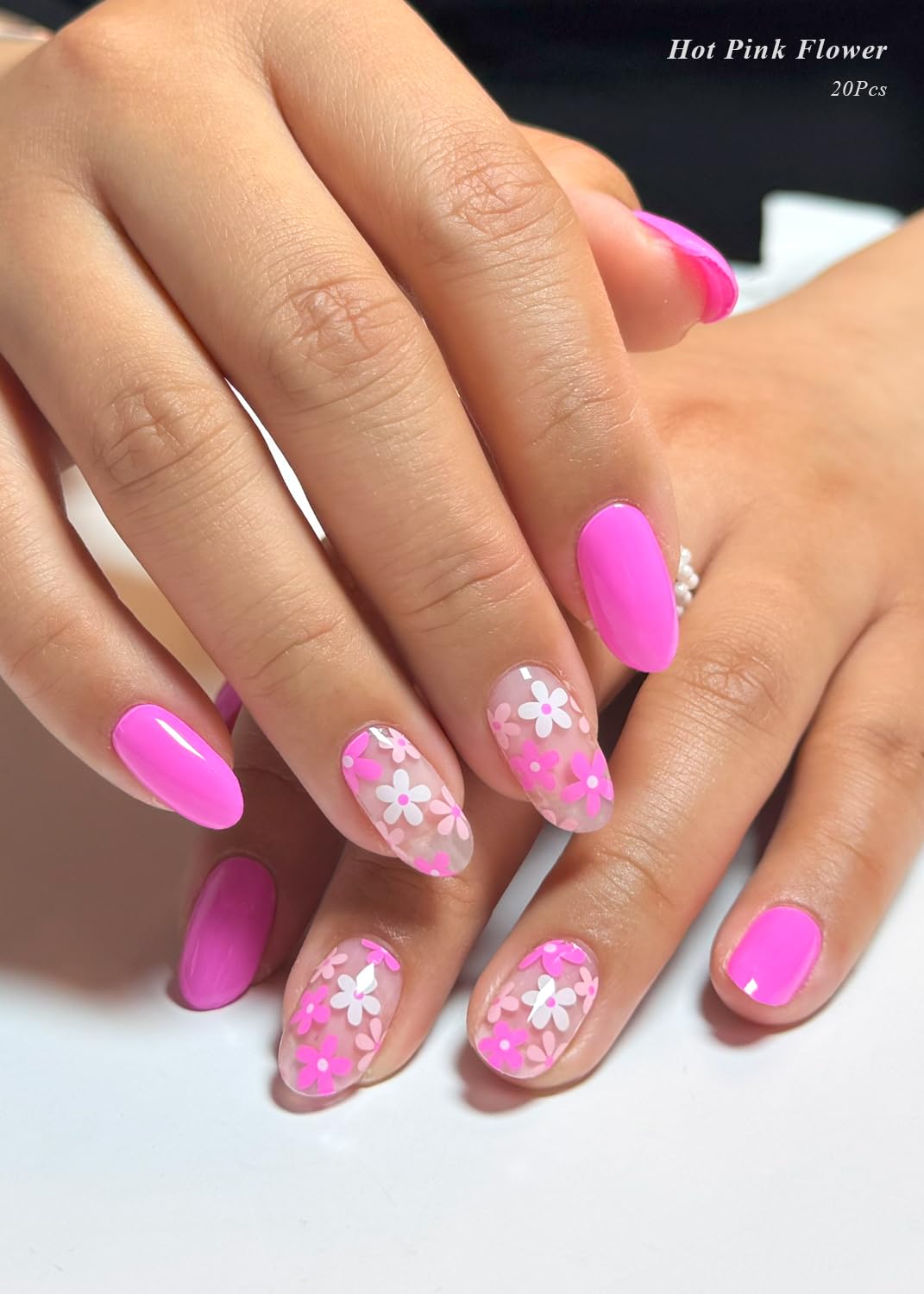 AutyaMee Semi Cured Gel Nail Strips (Hot Pink Flower), 20 Pcs Summer Gel Nail Wraps, Stickers, UV Light Required, Salon Quality, Long Lasting