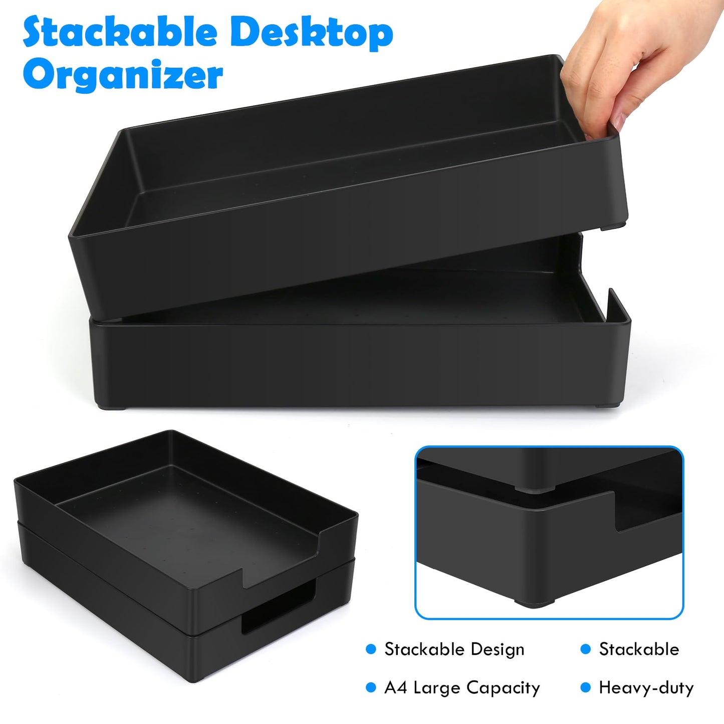 EsOfficce Letter-Size Tray, 2PCS Plastic Stackable A4 Paper Tray, Desk Drawer Organizer, Multi-use Large Storage Basket for Office Home Supplies,13 x 9.6 inch