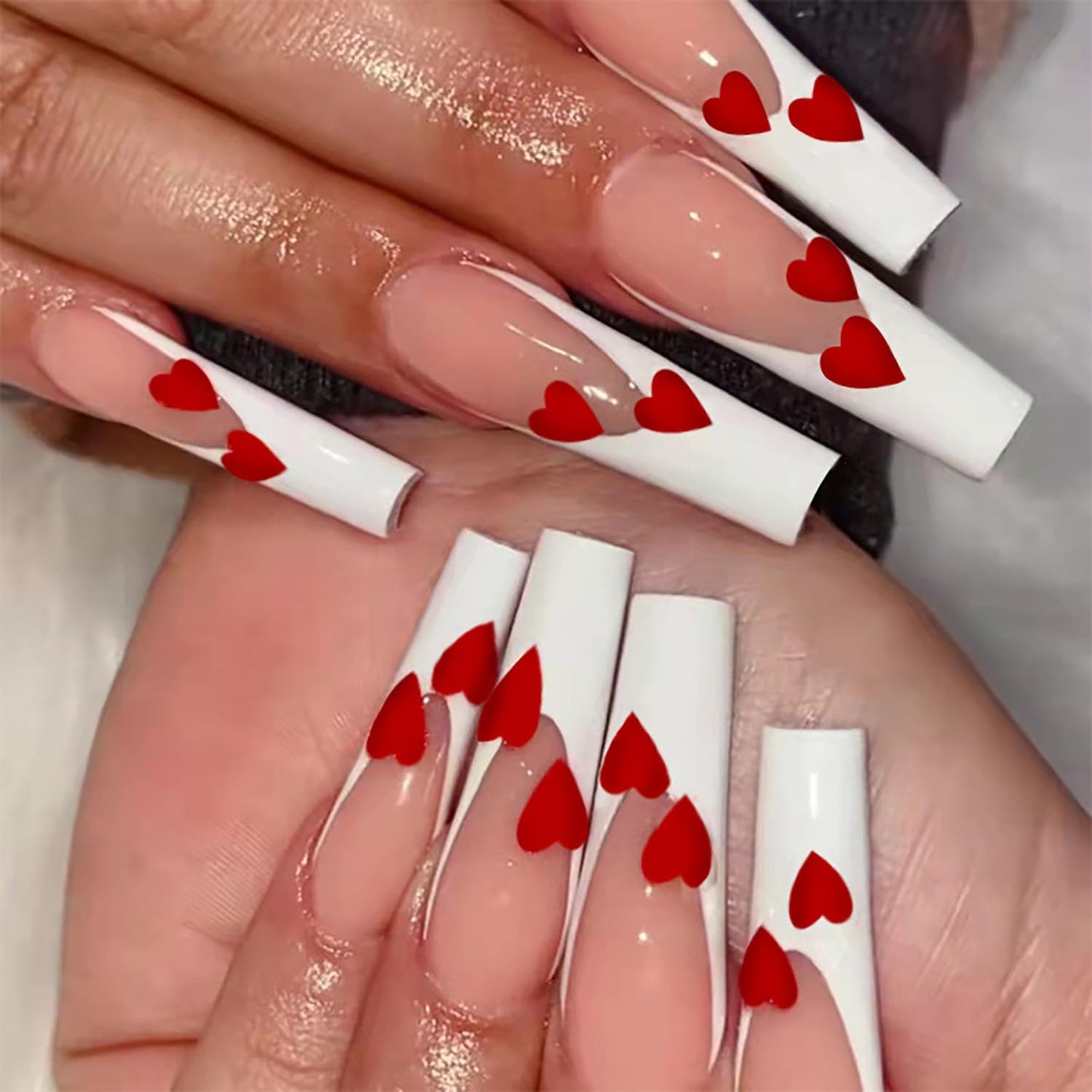 Vezocim Valentine Press on Nails Coffin Long French Tips Glossy Full Cover Acrylic Square Fake Nails with Red Heart Designs Extra Long False Nails Glue Stick on Fingernails with Charm for Women