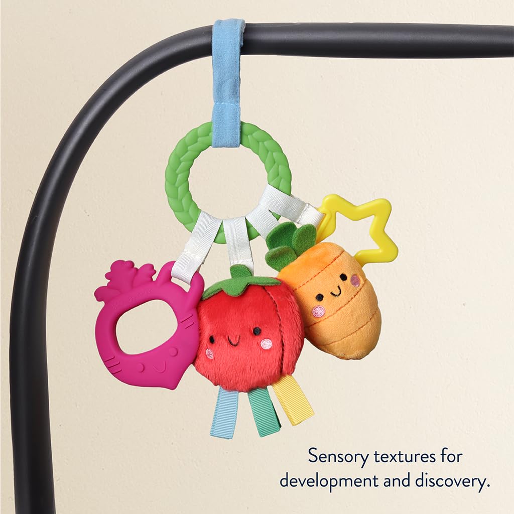 Itzy Ritzy Teething Activity Toy - Bitzy Busy Ring Infant Teething Toy Features Braided Ring & Dangling Toys, Includes Teether, Ribbons, Crinkle Sound & Jingle Bell - 0 Months & Up (Veggie)