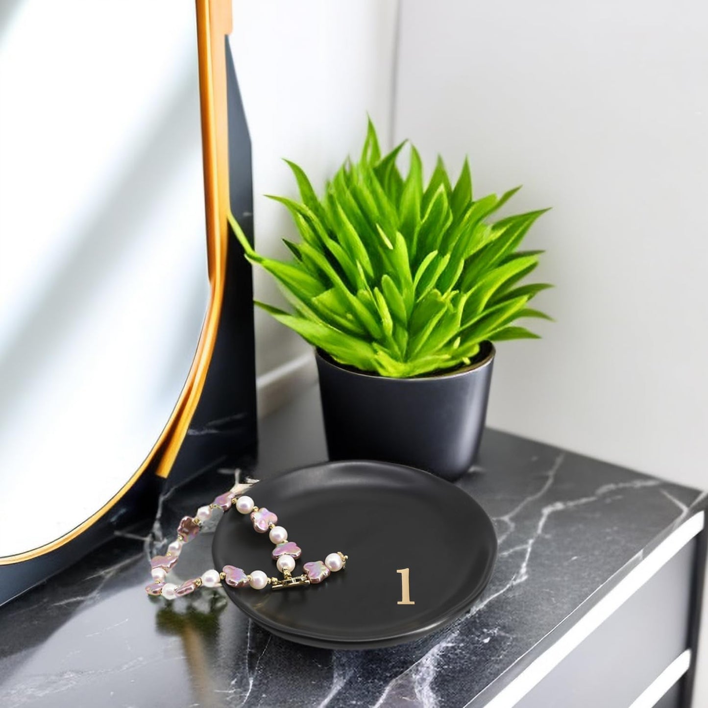 COLLECTIVE HOME - Ceramic Jewelry Tray, Decorative Trinket Dish for Rings Earrings Necklaces Bracelet Watch Keys, Birthday Mother's Day Christmas Gift for Women, 4.75", Black Surface (l)