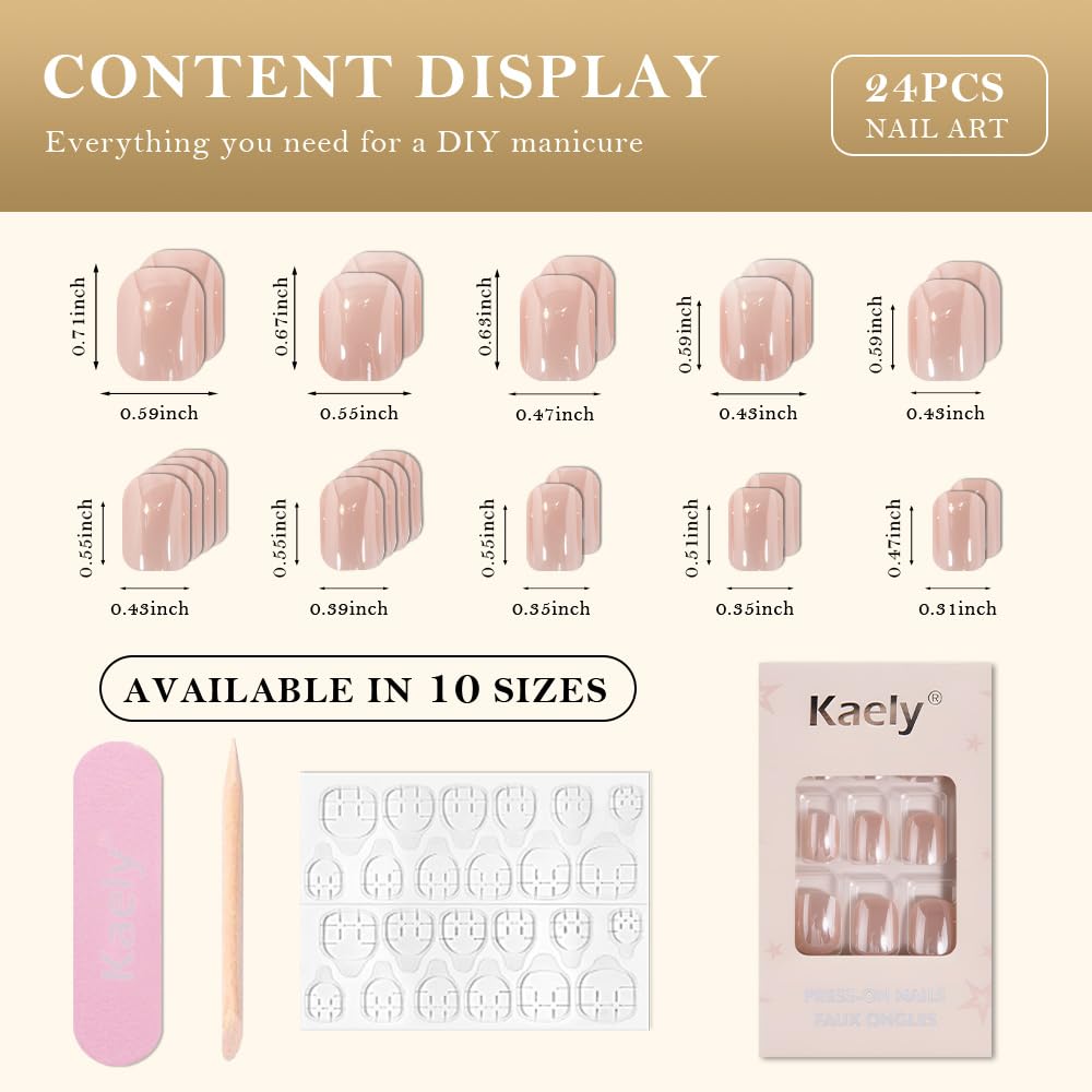 evpct Nude Glazed Press on Nails Short Square No Glue, Chrome Glazed Nude Fake Nails for Women Gift, Reusable Full Cover Soft Press on Fake Nail, Glossy Glitter Stick on False Nail Kit Salon Quality