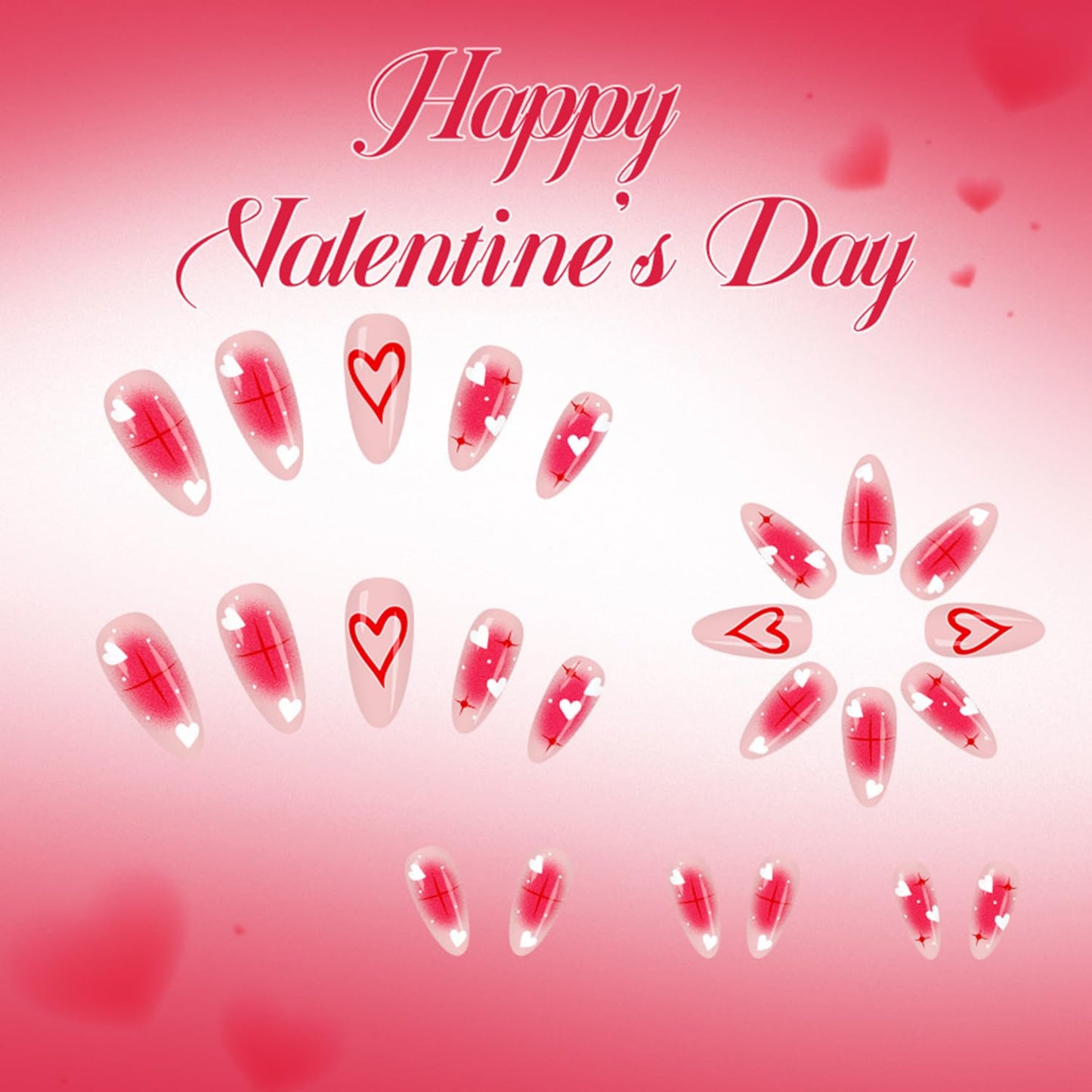 Pink Valentines Press on Nails Medium Almond Translucent Red Love Artificial Acrylic Fake Nails White Love Coffin Nails Full Cover Glossy Heart Glue on Nail Artificial Fingernails for Women Manicure