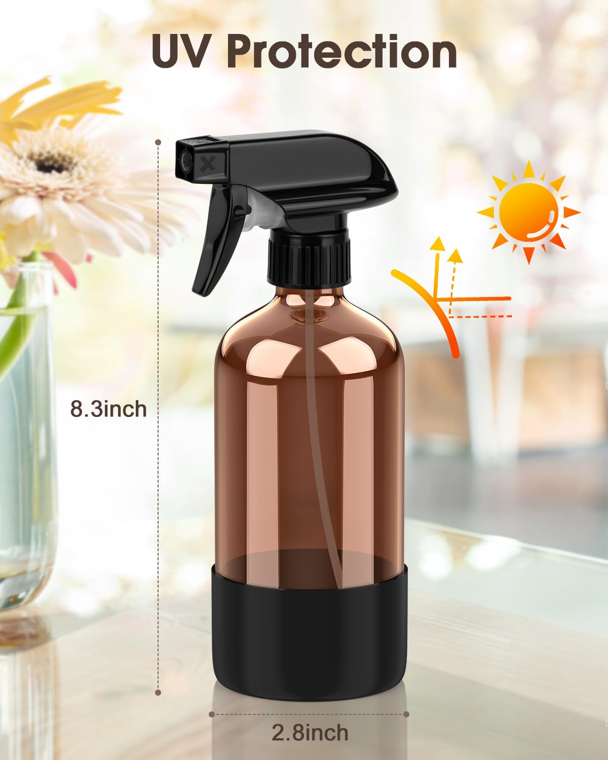 Bontip Glass Spray Bottle with Silicone Sleeve Protection, Amber Glass Spray Bottle Set for Window Cleaner Aromatherapy Facial Hydration Watering Flowers Hair Care 2 Pack/16 oz (Black)