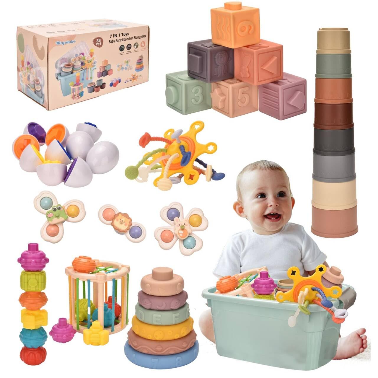 Majabike Baby Toys 6 to 12 Months 7 in 1 Montessori Teething Toys Sorting Sensory Educational Learning Gift for Toddlers Aged 1-3