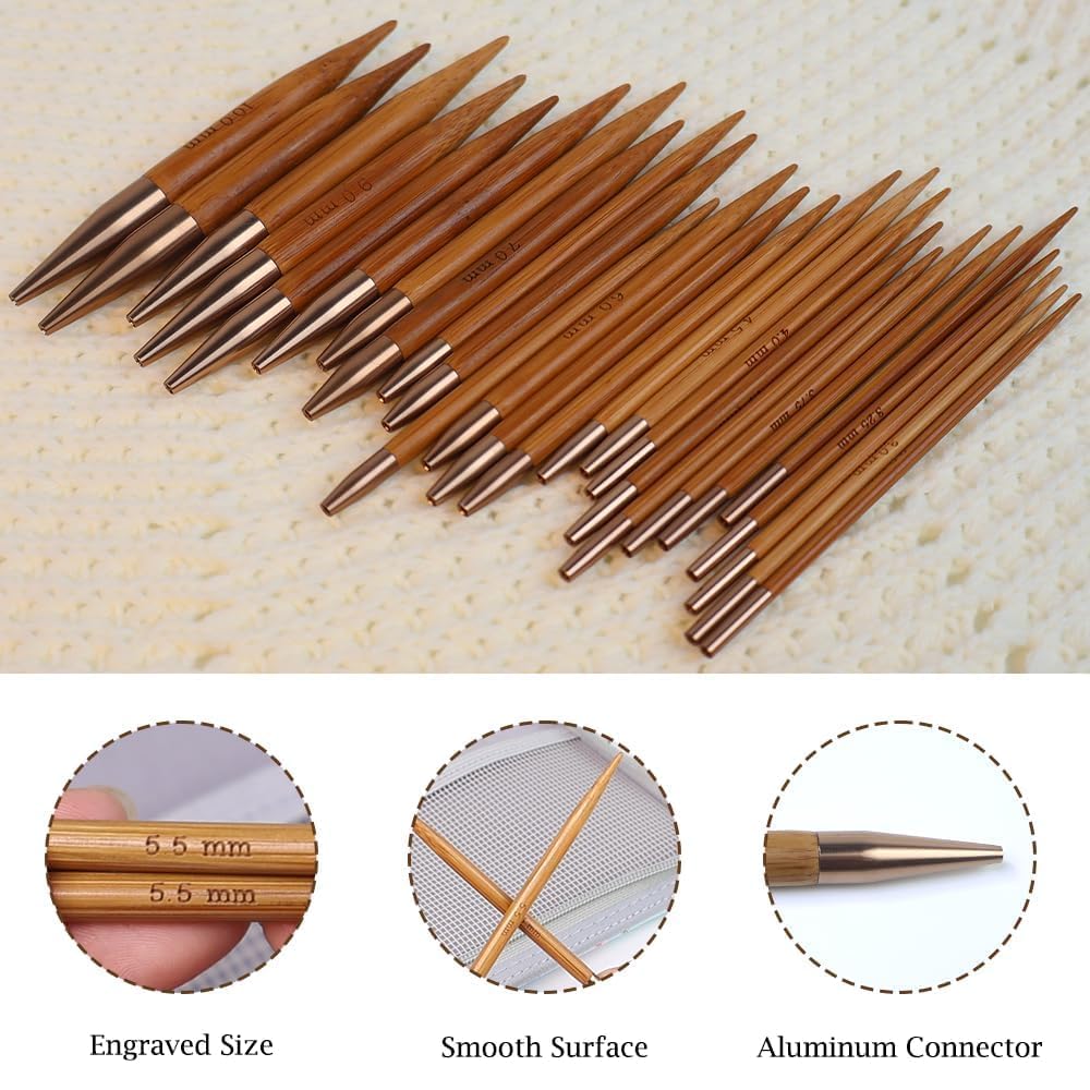 Yarniss Bamboo Circular Knitting Needle with Case,13 Pair Interchangeable Knitting Needles with Flexible Cables 3.5mm~10.0mm, 4-Inch Round Knitting Needle US Size 2.5~15