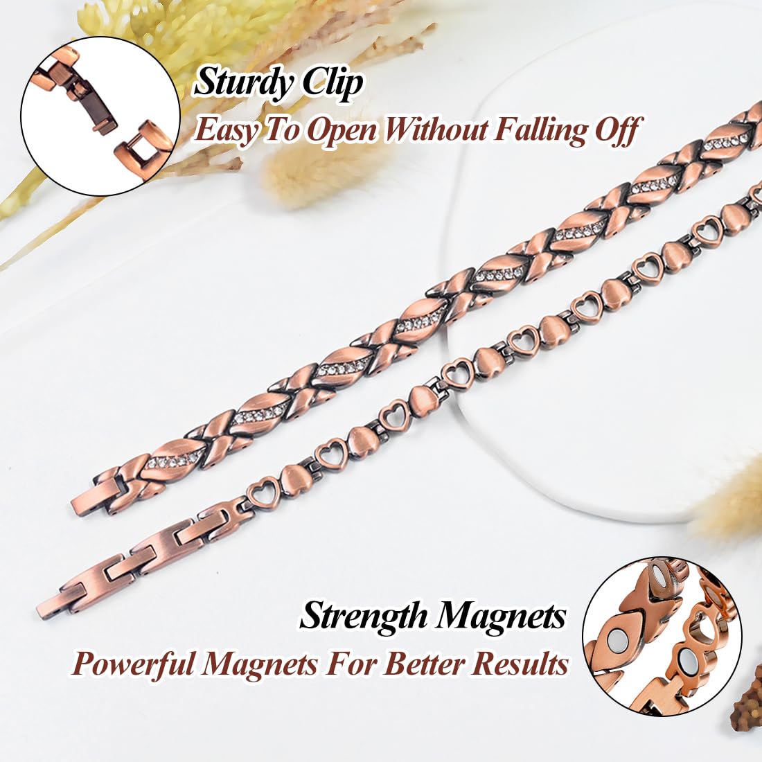 Vicmag Copper Magnetic Bracelet for Women Magnets Brazaletes 99.9% Solid Pure Copper Jewelry Gift for Her (Adjustable Size with Gift Box) (2PCS Love Heart)