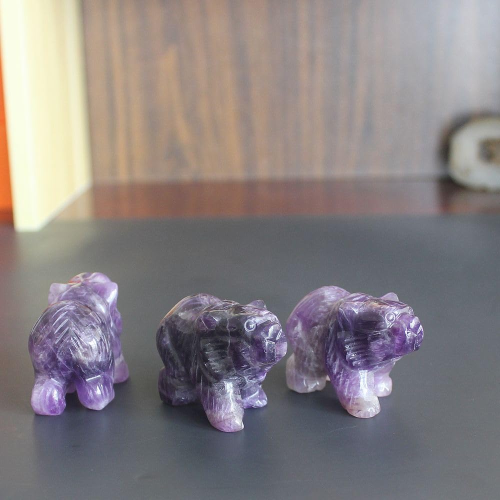 HLbshi Hand Carved Gemstone Crystal Bear Figurine Animal Statue Carving Office Home Decor Collections 2'' (Purple Amethyst)