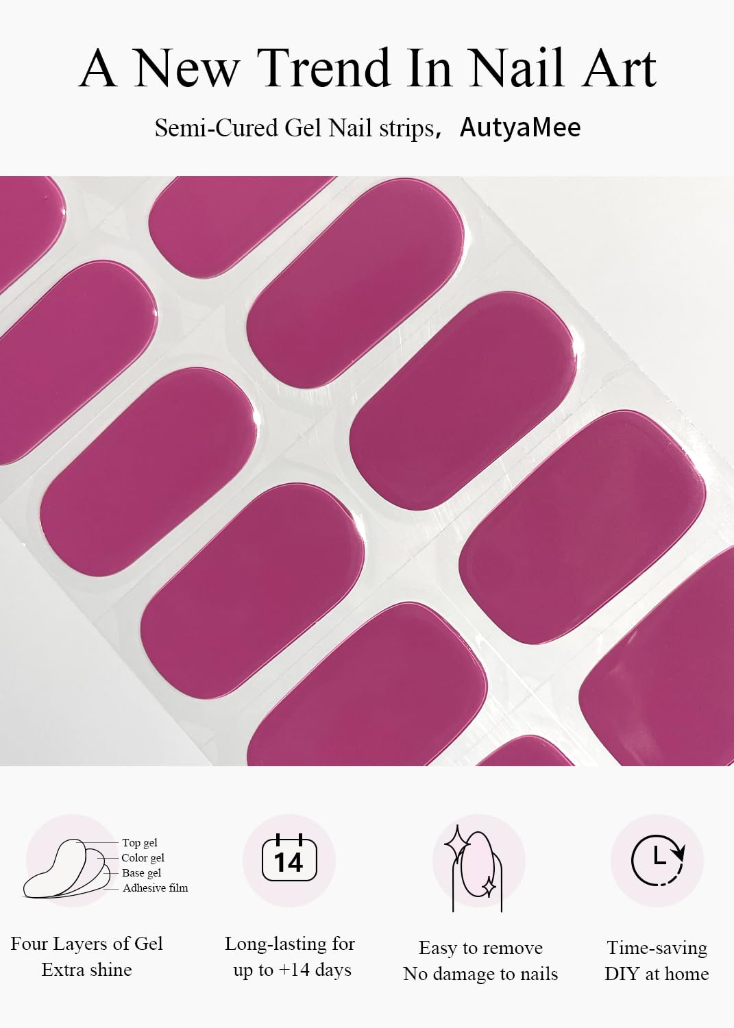 AutyaMee Semi Cured Gel Nail Strips (Plum), Purple Red, 20 Pcs Gel Nail Wraps, Stickers, UV Light Required, Salon Quality, Long Lasting