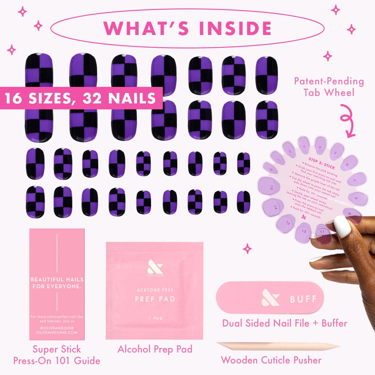 Olive & June Super Stick Mani Press-On Nails | Short Squoval |No Glue Needed | 32 Tab Nails, 16 Sizes, Last Up To 7 Days| Non-Toxic, Easy On-Off Non-Damaging | Halloween Purple Checker Party