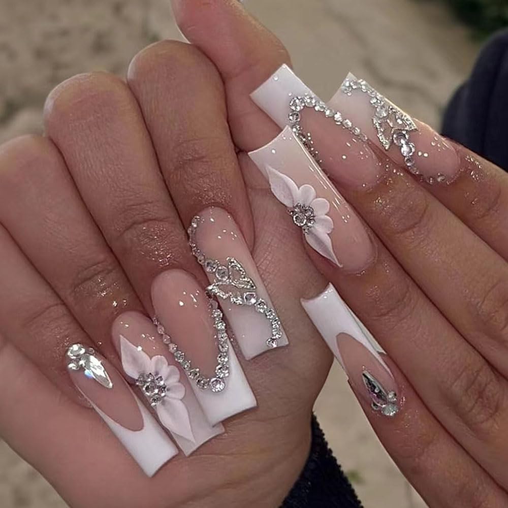 White Press on Nails Long Square BAOYAALIN, Rhinestones Fake Nails with 3D Butterfly Design Gel Glue on Nails for Women Girls Full Cover Acrylic Artificial False Stick on Nail for Wedding 24Pcs