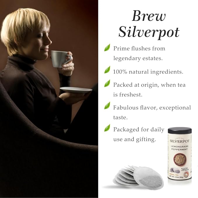 Silverpot Lemongrass & Peppermint - 50 Round Tea Bags | Cooling Citrus Mint Flavor | 100% Natural | Caffeine Free | Reusable Tin