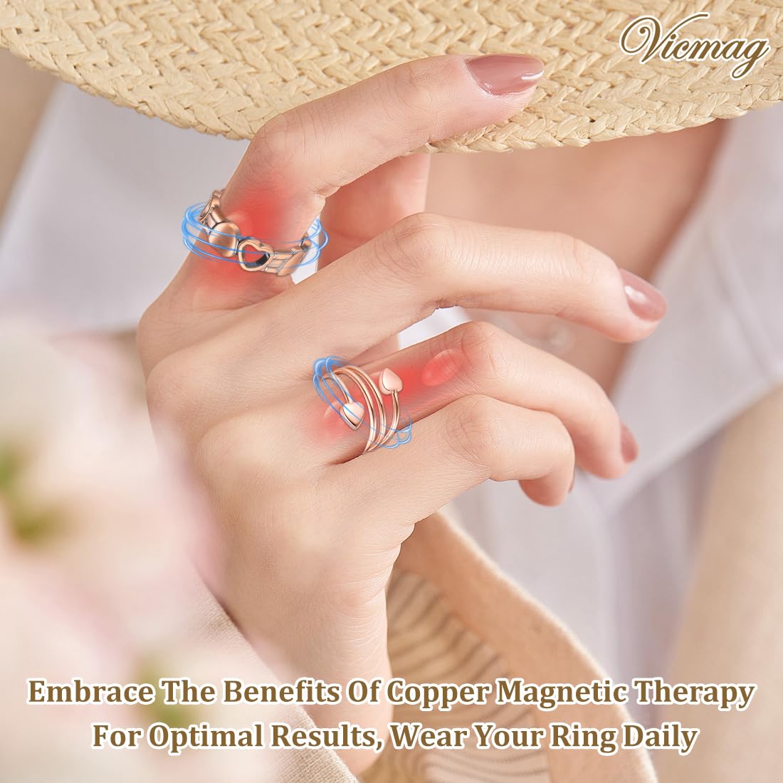 Vicmag 2PCS Magnetic Copper Rings for Women & Men,99.99% Pure Copper Ring with 9X Magnets Gift Adjustable(Heart & Love)