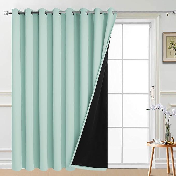 Yakamok Extra Wide 100% Blackout Full Shading Curtains for Patio Door, Thermal Backing Sliding Glass Door Drape, Privacy Assured Window Treatment for Sliding Door Curtains,Aqua, W100 x L96, 1 Panel