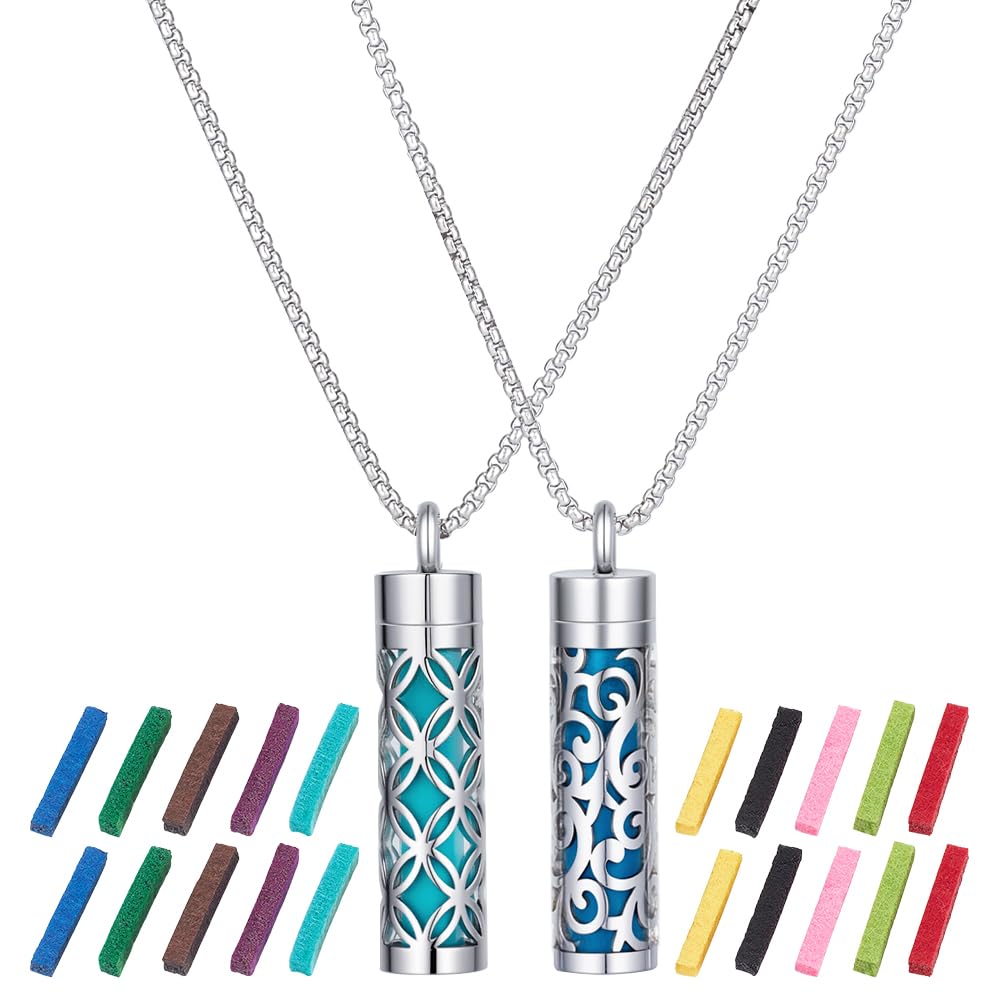PLIGREAT 2 Pcs Stainless Steel Essential Oil Diffuser Necklaces, Mindfulness Breathing Necklaces with 20 Felt Pads Perfume Diffuser Cylinder Locket Pendant for Birthday Gift, Silver
