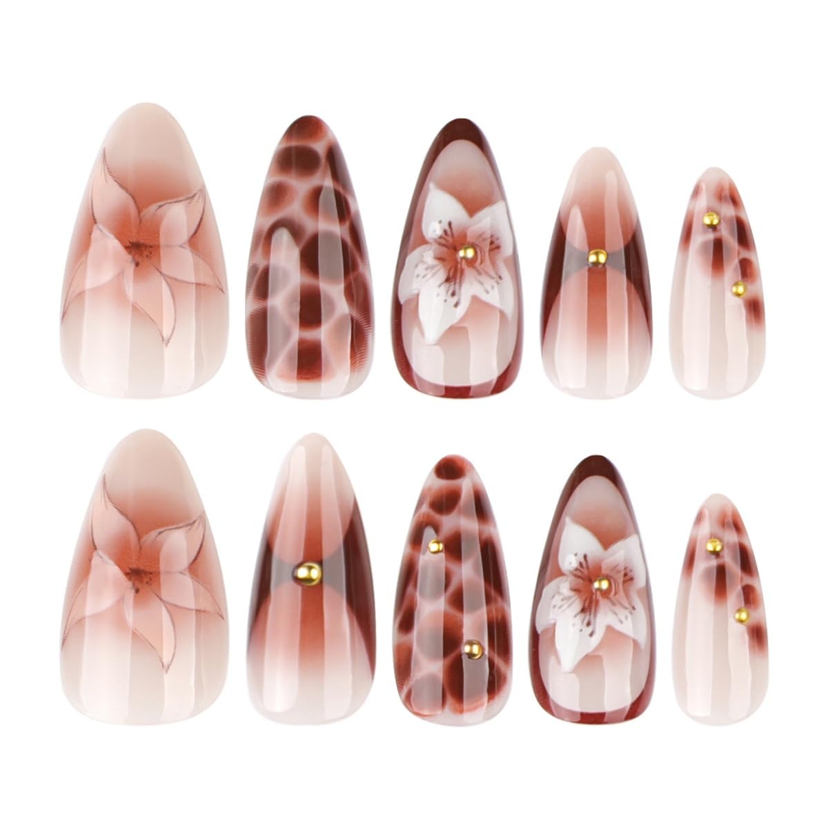 French Tip Press on Nails Medium Almond 3D Summer Flower Fake Nails with Glue Gold Beads Stick on Nails Full Cover Brown Glossy Acrylic False Nails for Women DIY Manicure Decoration 24PCS