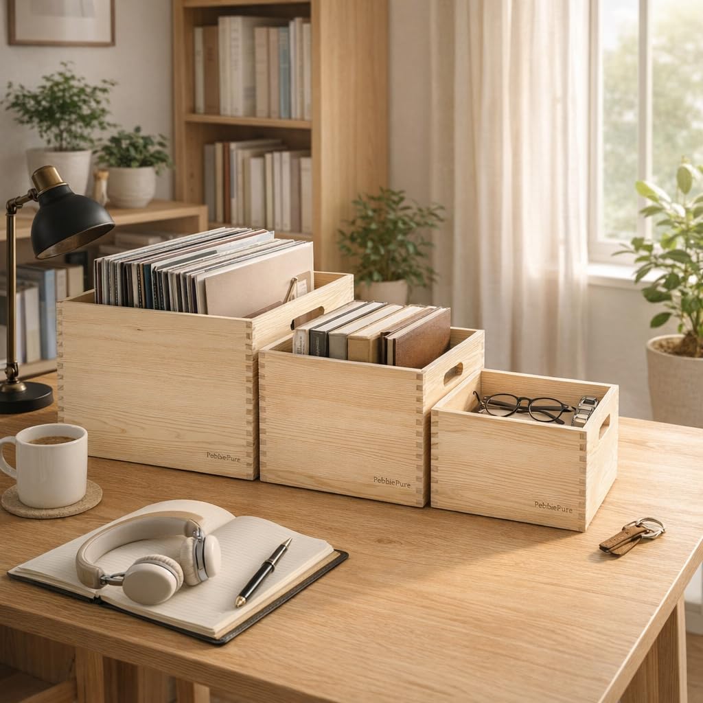 PebblePure Set of 3 Large Wood Storage Crates (Up to 14.5"x14"x10"), Fully Assembled, Seamless Dovetail Unfinished Farmhouse Solid Natural Nesting Wood Crates for Home Office Retail Display