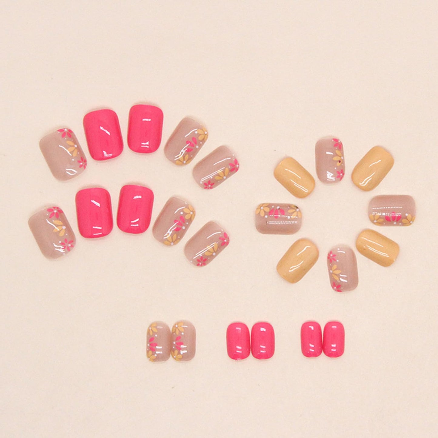 Fall Press on Nails Short Square Fake Nails with Flower Designs Pink Nails Press ons Cute Acrylic Nails for Women 24Pcs