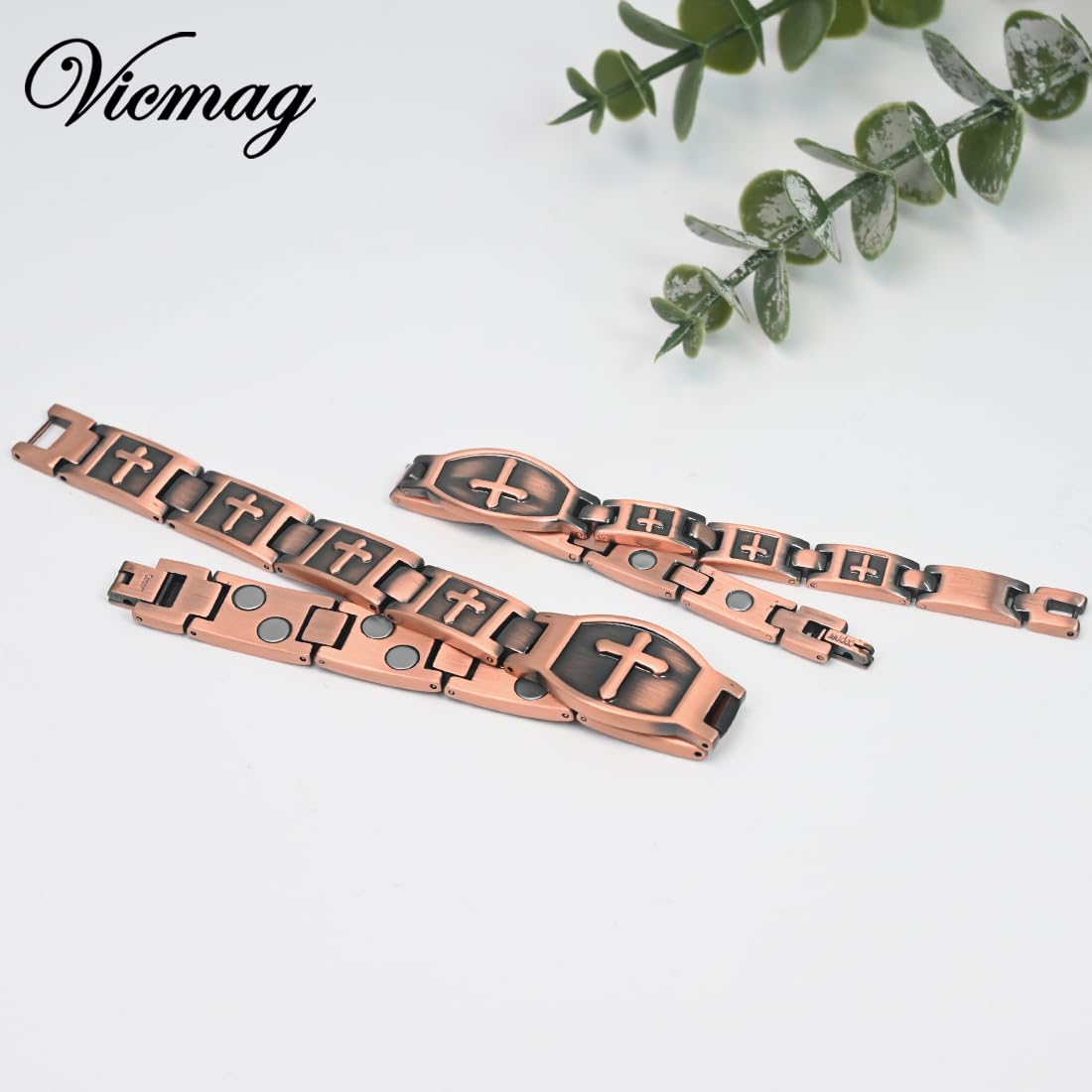 Vicmag 2PCS Men Copper Magnetic Bracelets for Couple Double Row 99.9% Solid Pure Copper Cross Bracelet Gift with Adjustment Tool