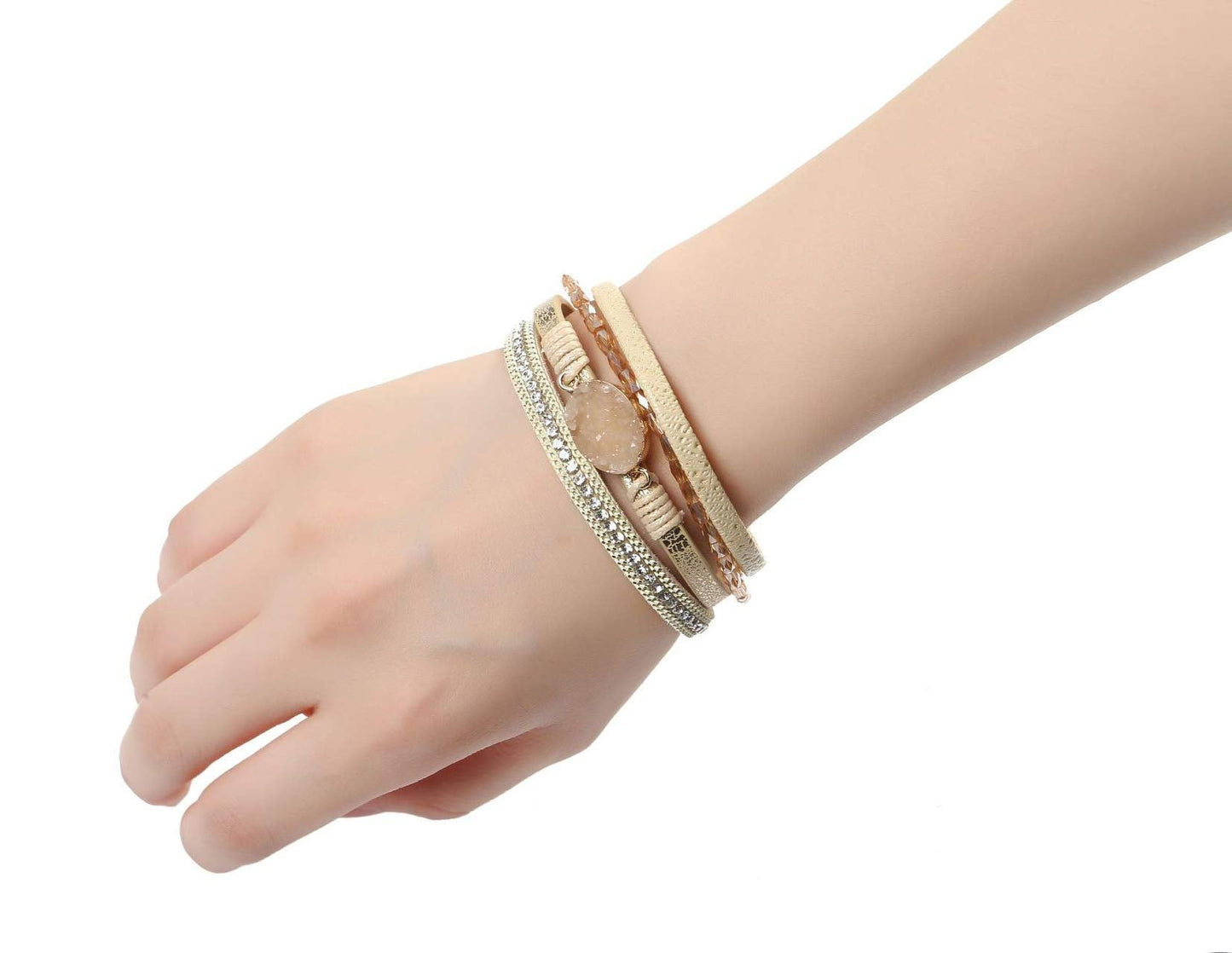 Fesciory Leopard Bracelet for Women, Boho Leather Wrap Multi-Layer Pearl Crystal Bracelet Bangle Jewelry(Stone(Short))