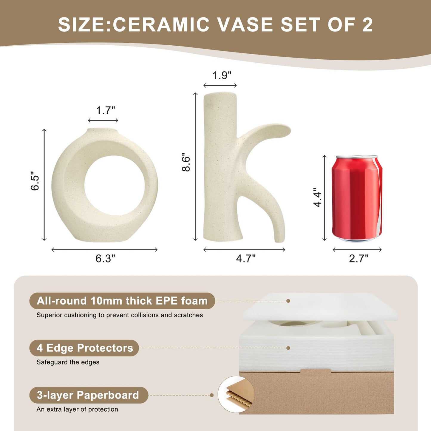 Assemble OK Ceramic Vase Set of 2 for Home Decor, Modern Boho Ins Style Matte Vase for Pampas Grass for Table Centerpiece, Living Room, Shelf, Mantle, Housewarming Gift (Beige White)