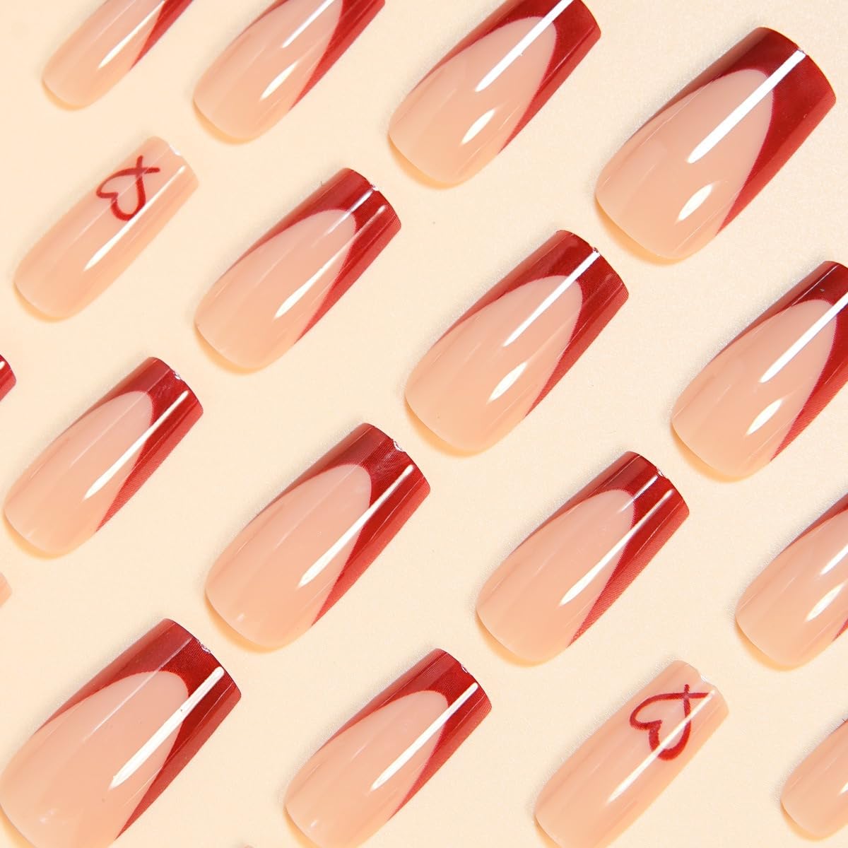 Red French Tip Press on Nails Coffin - Medium Fake Nails with Heart Design - Glossy Full Cover Stick on Press ons for Women Manicure Kit 24 Pcs