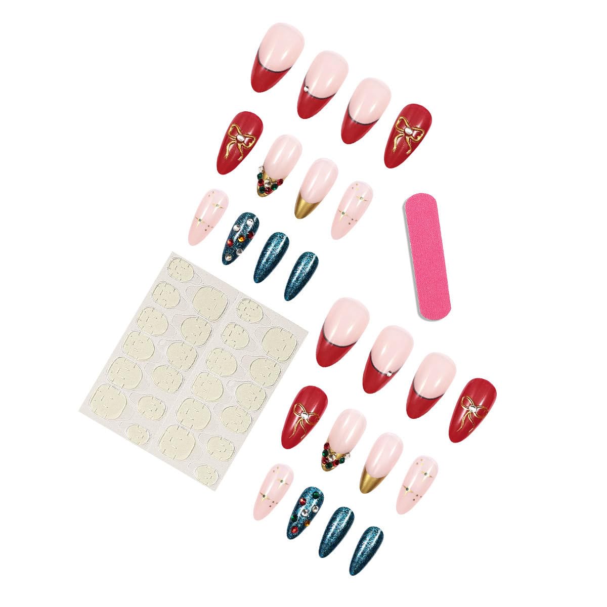 plalely Almond Press on False Nails Long Christmas Press on False Nails Sparkly Xmas Glitter with 3D Charm Christmas Stick on Nail Tips for Women 24pcs