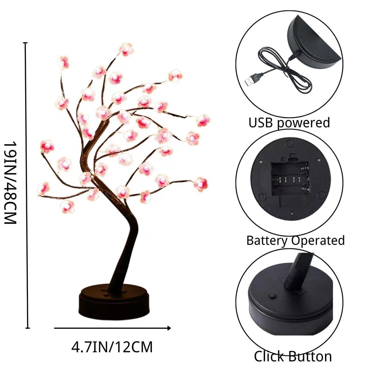 Cherry Blossom Tree Lamp, 18inch 36 Led Bonsai Tree Lights, Battery/USB Operated Japanese Decor Night Lights for Christmas Indoor Decorations Bedroom Home Gift Idea,Warm White