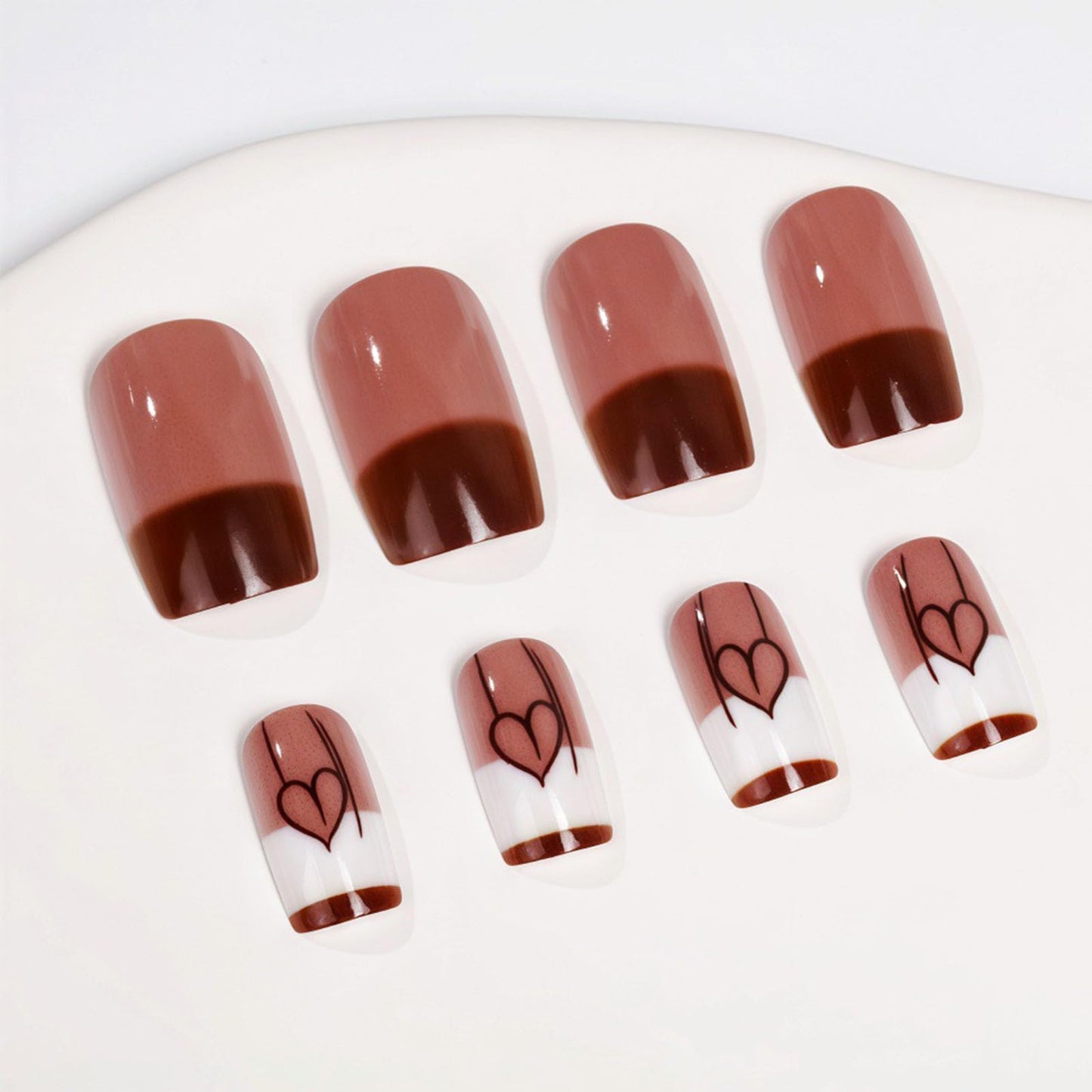 French Tip Press on Nails Square Medium Fake Nails with Love White Lines Designs Glossy Nails Press ons Brown Full Cover Glue on Nails Fall Acrylic Artificial Stick on Nails for Women 24Pcs