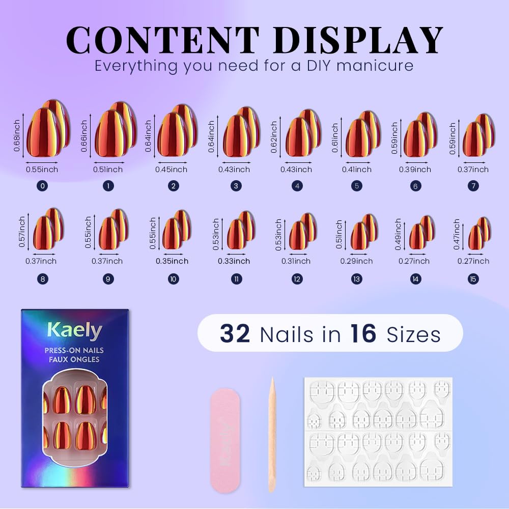 evpct Red Gold Glazed Press on Nails Short Oval, Short Oval Chrome Metallic Aurora Stick on Nail for Women, Reusable Full Cover Soft Press on Fake Nail Perfectly Fit with Glazed Design Salon Quality