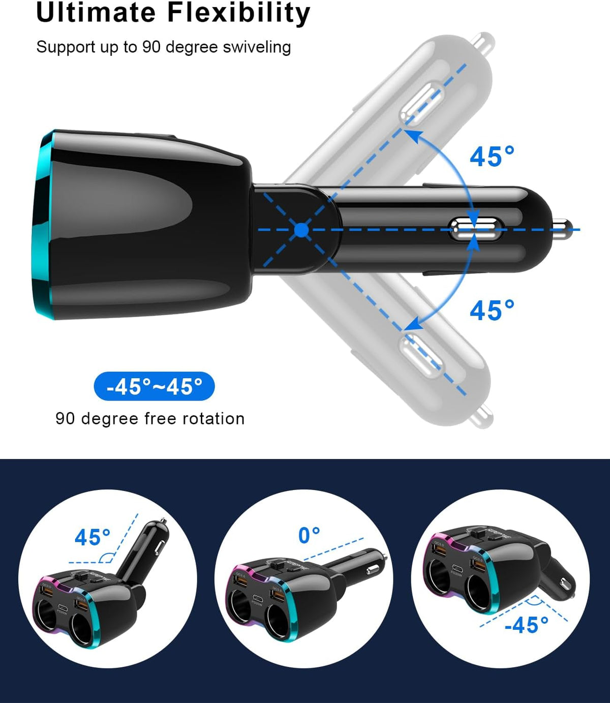 2024 Upgraded Cigarette Lighter Splitter, SUPERONE 180W 2-Socket Cigarette Lighter Adapter with Dual QC3.0 and 20W PD USB C Car Charger Splitter for GPS/Dash Cam/Laptop/iPad/iPhone 16/15/14/13/12/11