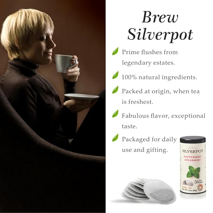 Silverpot Peppermint & Spearmint Tea Bags - 50 Round Bags | Natural, Refreshing Mint | Caffeine Free, Herbal | Reusable Tin