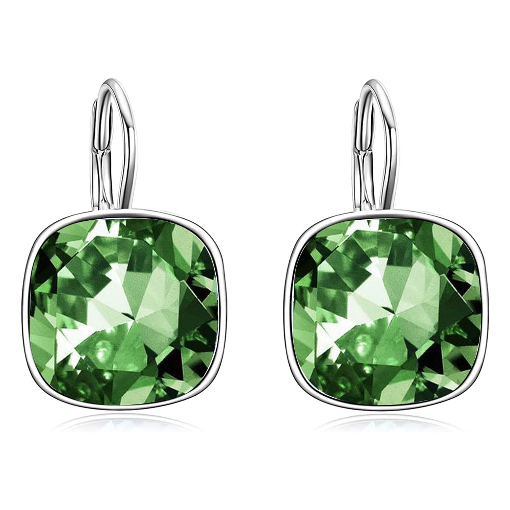 AOBOCO Sterling Silver Leverback Earrings, Green Crystal, 0.90 in x 0.55 in, 3.2 g