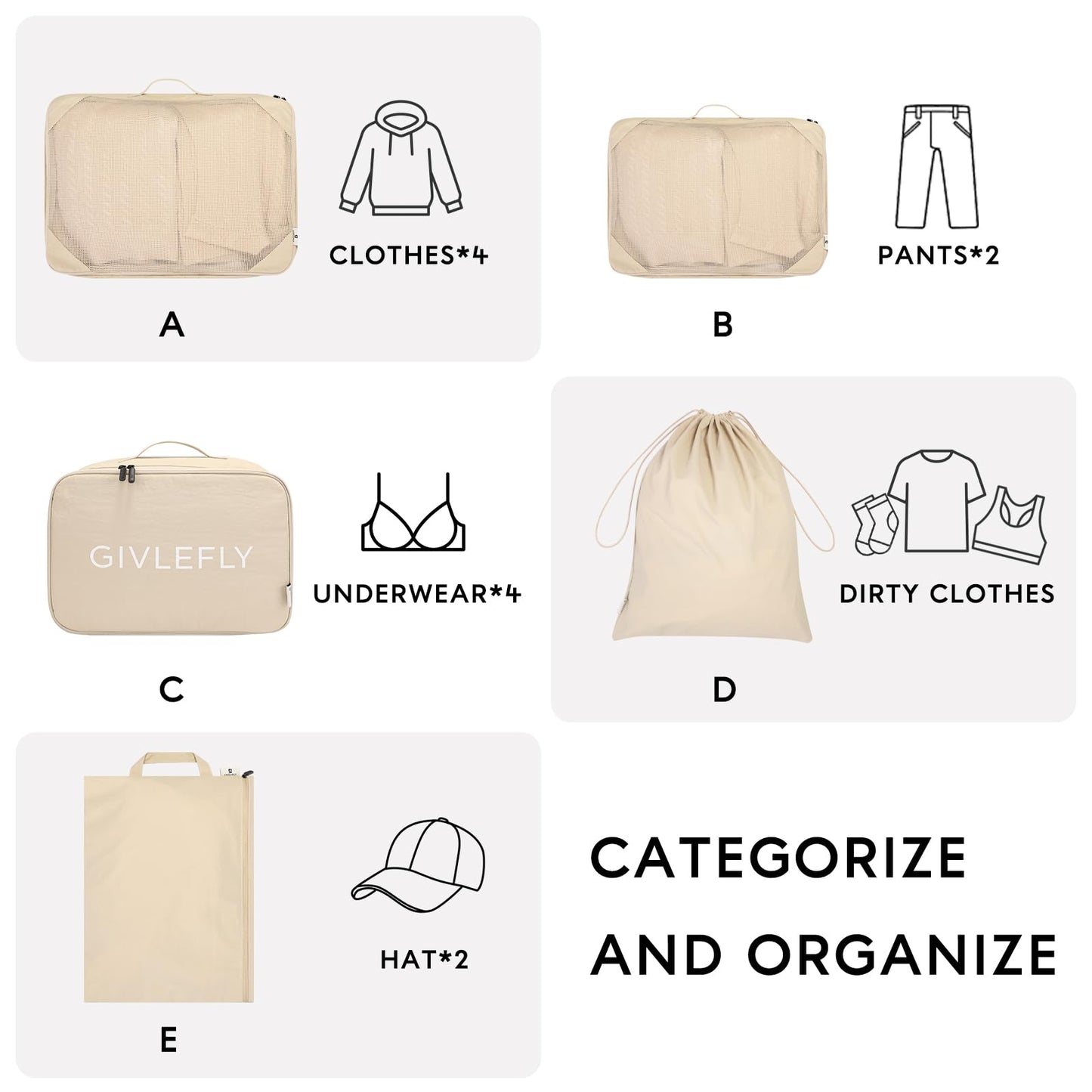 GIVLEFLY 6 Set Compression Packing Cubes for Travel, Lightweight Luggage Organizer Bags, Durable Travel Accessories for Suitcase Organization,Beige