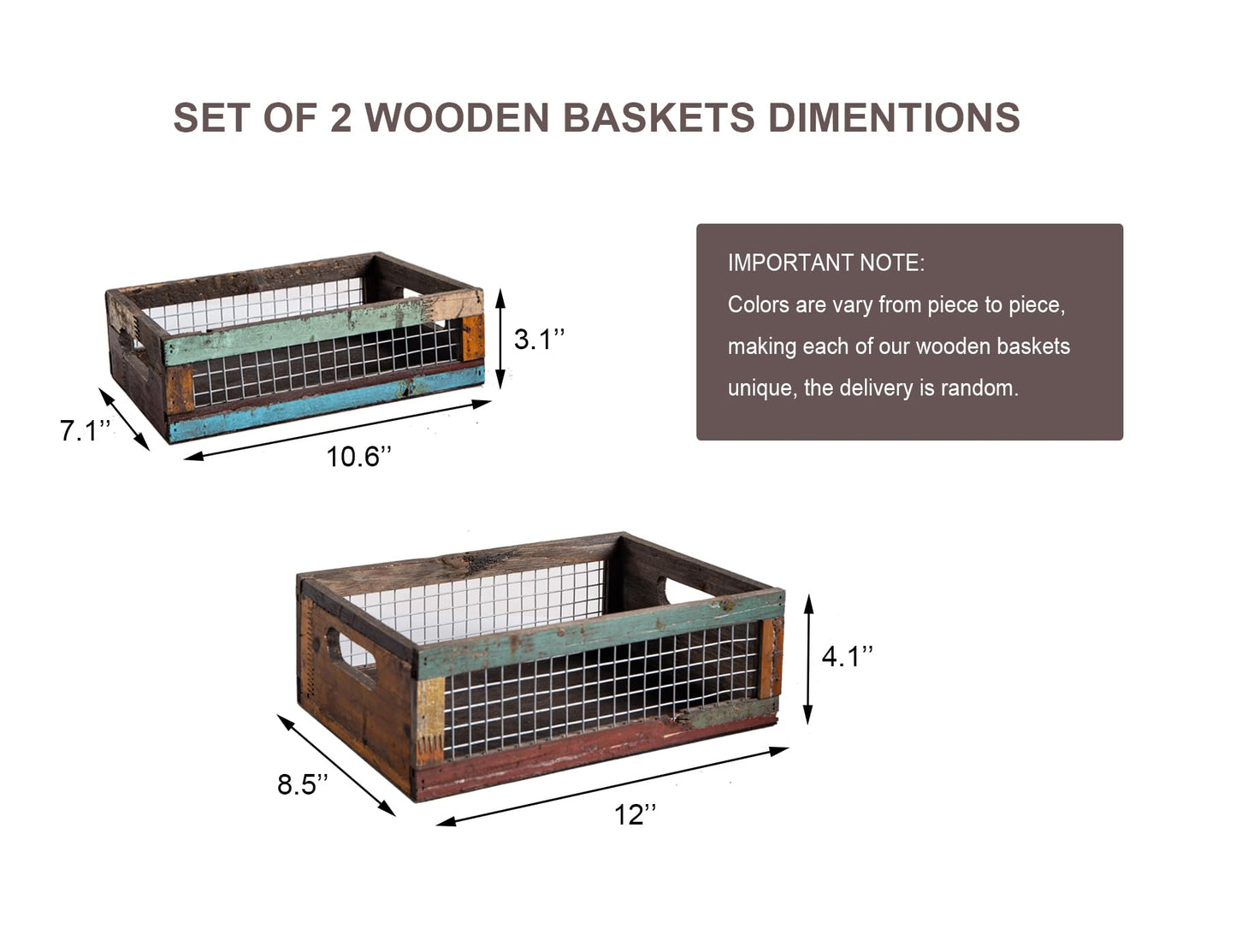 TIMRIS Set of 2 Rustic Wooden Countertop Baskets, Farmhouse Distressed Nesting Boxes, Small Decorative Wooden Storage Crates, Reclaimed Wood Organizer Baskets with Wire Mesh (Random)