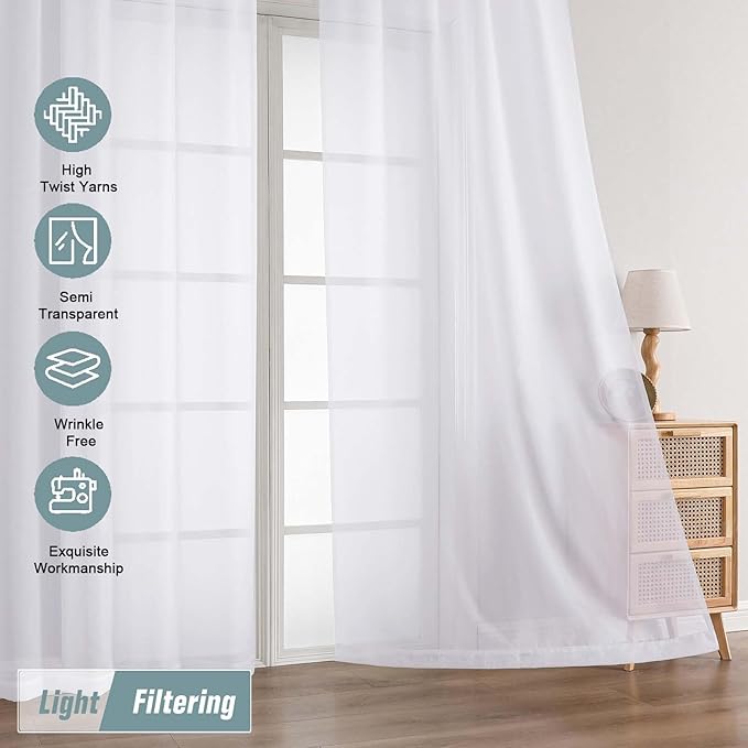Extra Wide White Sheer Curtains 90 Inches Long 2 Panels, Light Filtering Lightweight Solid Sheer Curtains for Bedroom Living Room, Window Voile Sheer Drapes, Dual Rod Pocket, 2x59Wx90L Inches