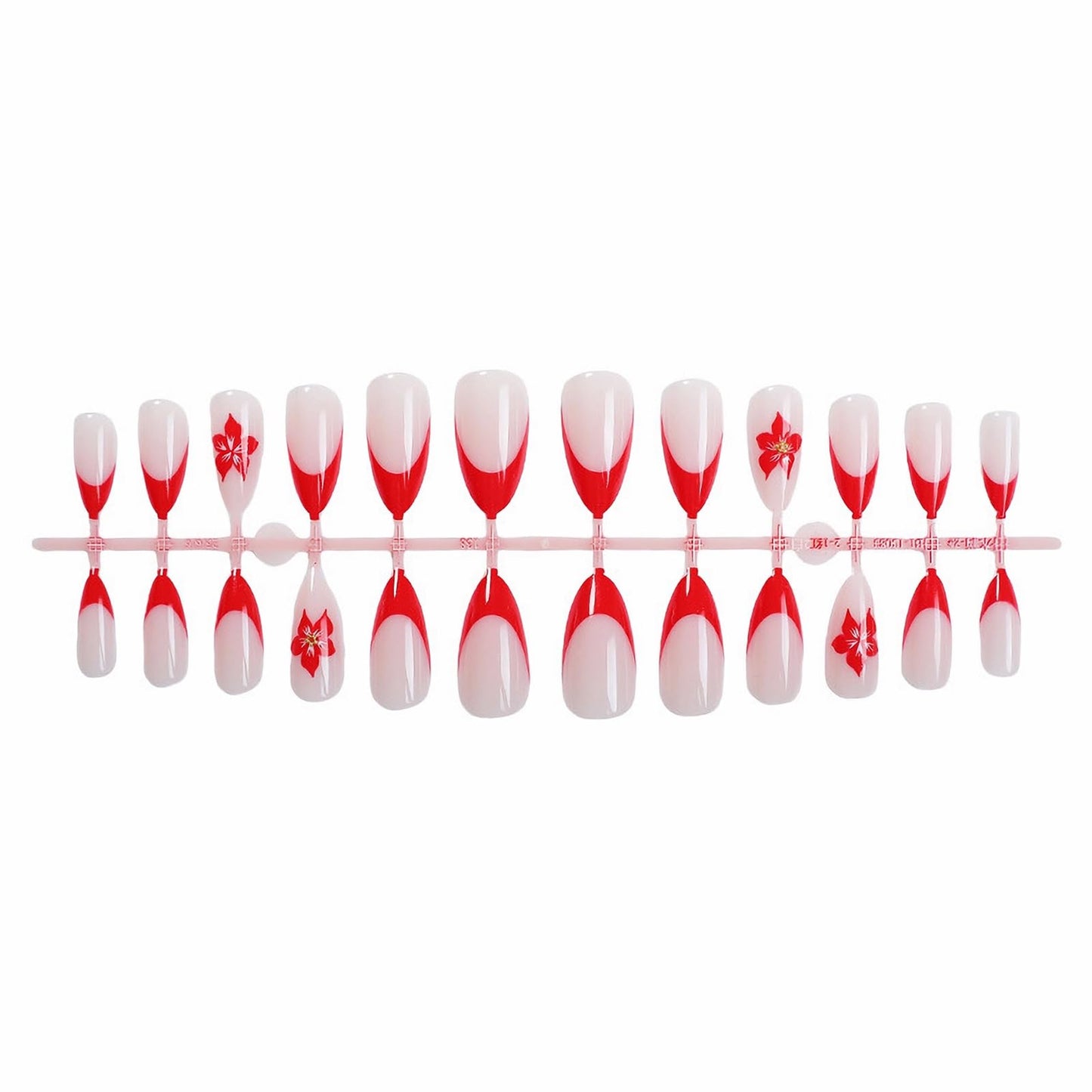 MISUD Press on Nails - Medium Almond Glue on Nails with Red French Tip, Acrylic Flower Design 24 pcs