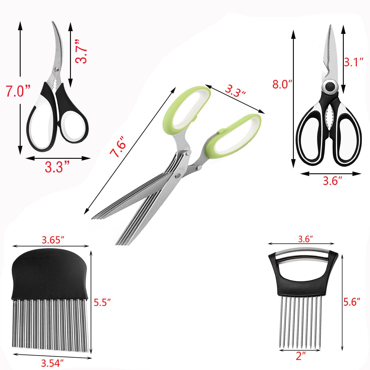 5-Blade Herb Scissors, Kitchen Shears, Seafood Scissors, Onion Holder Slicer and Potato Crinkle Cutter, yamesu Kitchen Gadget Salad Herb Tools 5 Sets
