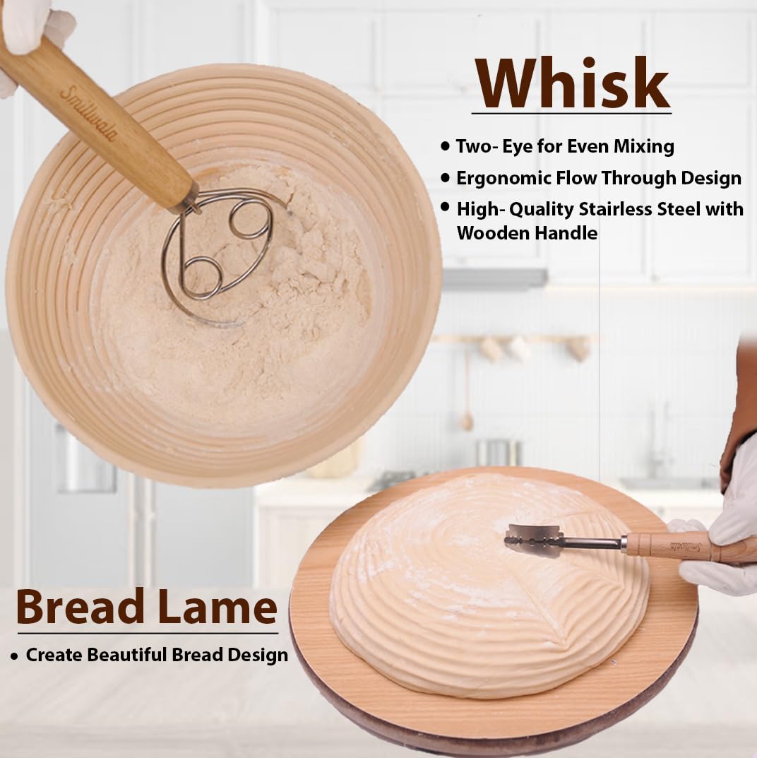 Banneton Bread Proofing Basket 9” Round with Maximum 6 Bread Making Tools and Supplies by SMILLWALA Proofing Baskets for Sourdough Bread Baking Supplies Kit, Gift for Bakers, Natural