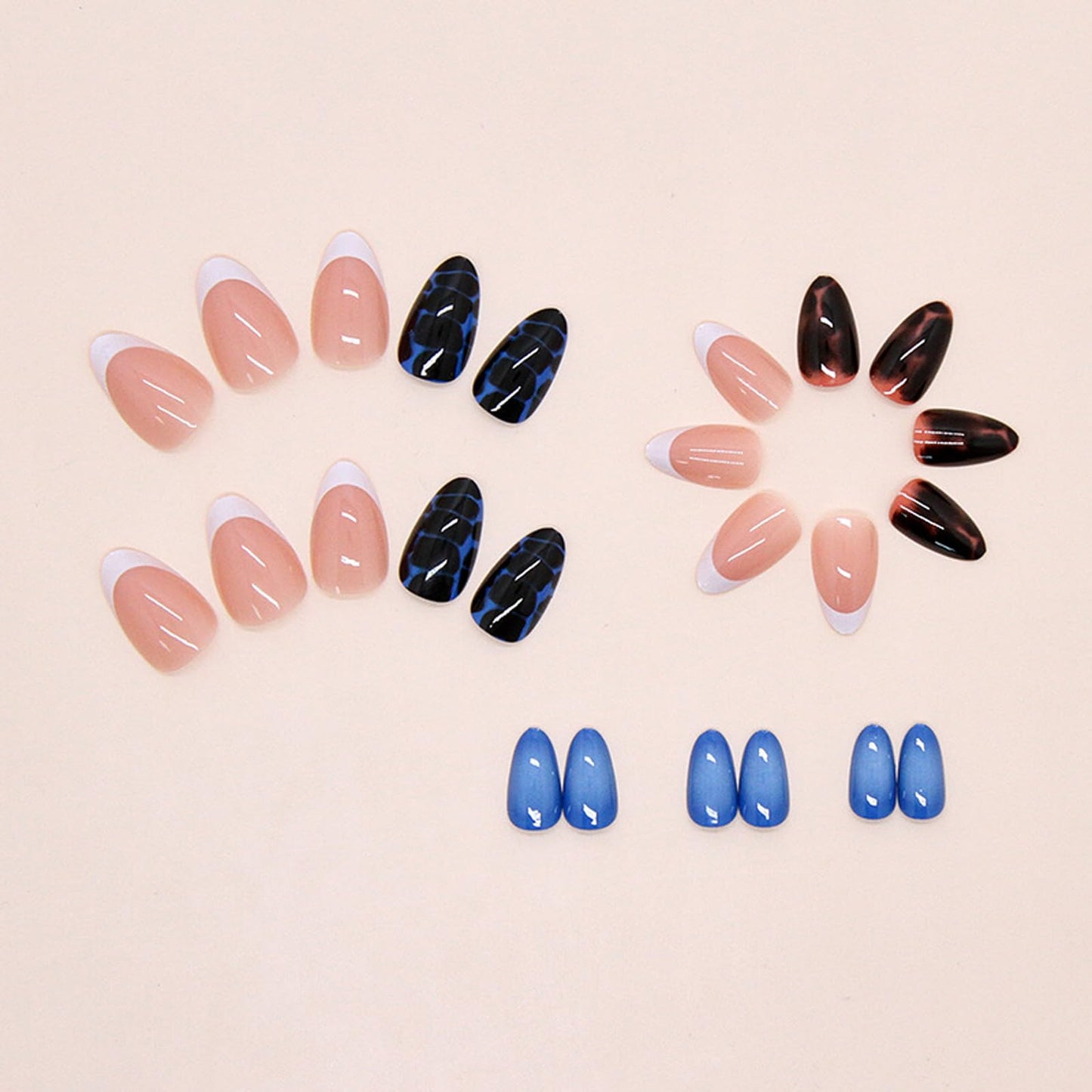 IMSOHOT Oval Press on Nails Short Fall Fake Nails Blue Ombre, Brown Amber Designs Glossy Round Acrylic Glue on Nails French Tips False Nails
