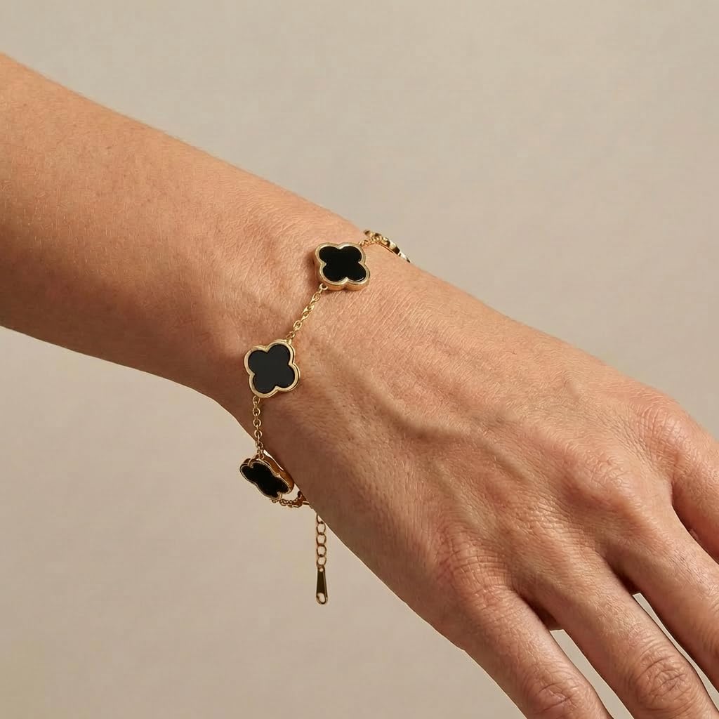 SHINYY Four Leaf Clover Bracelet for Women | 18K Gold Plated Cubic Zirconia Link Bracelet | 4 Leaf Lucky Jewelry Gift for Her (Black Gold Simple)