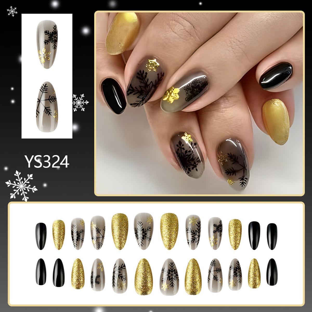 Christmas Press On Nails Medium Almond Fake Nails Snowflake With Gradient Design Xmas Glue On Nails Winter Glue On Nail Acrylic Artificial Stick On Nails For Women Manicure 24pcs