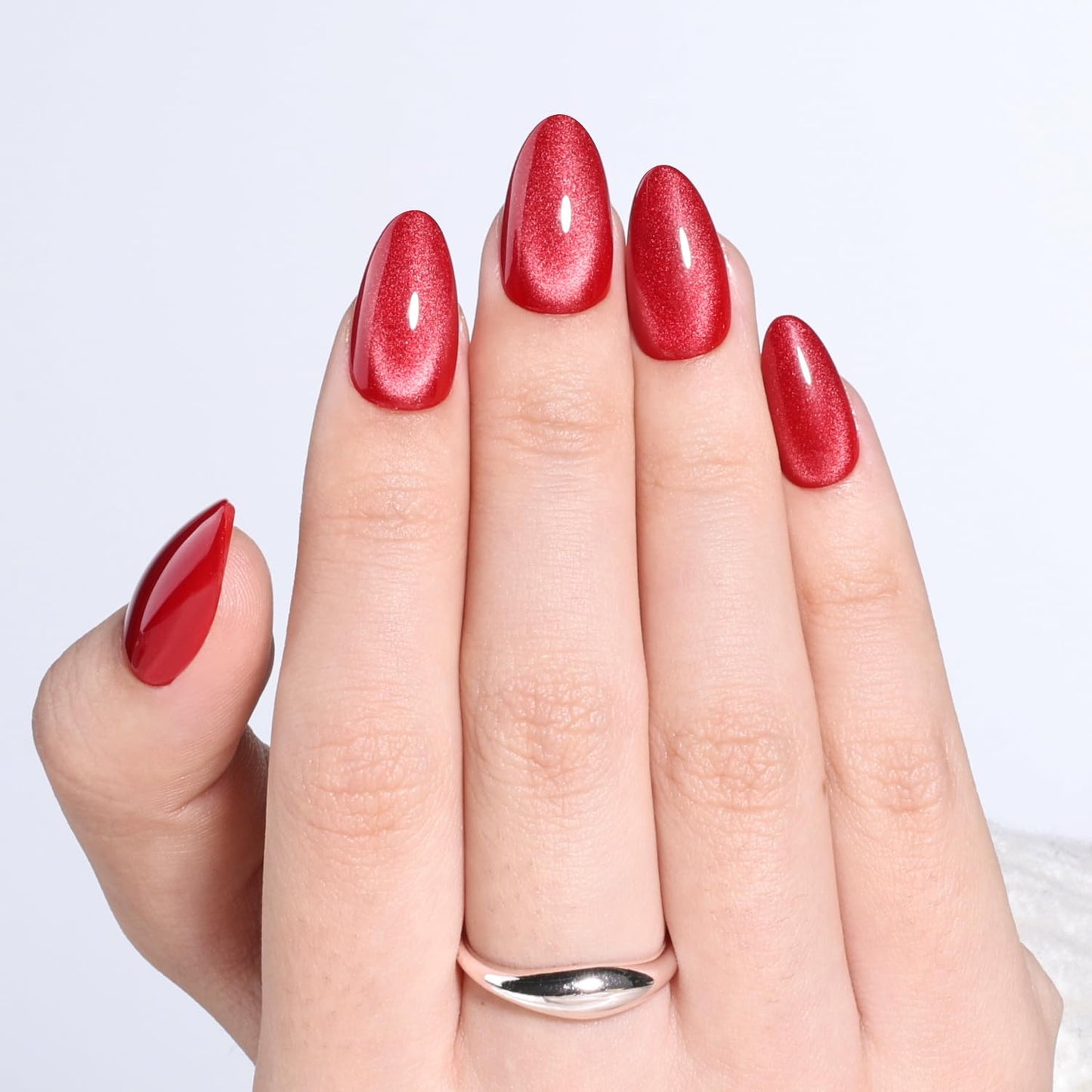 Leefrei Red Press On Nails - Short Almond Cat Eye Press on Nails Crimson Red Nails Press Ons for Women DIY Fake Nails Kit with Glue, Reusable Glue on Nails Short in 16 Sizes - 32pcs, Velvet Crimson