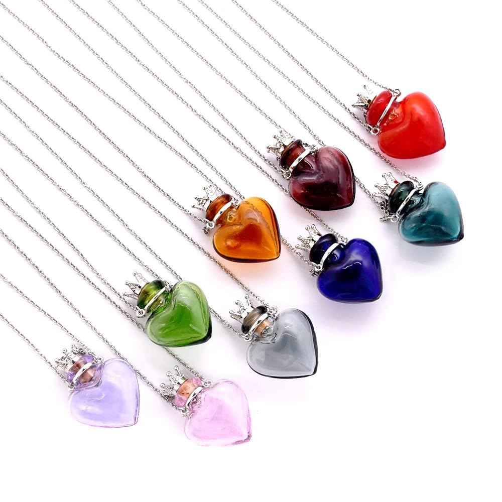 Glaze Glass Heart-Shaped Refillable Essential Oil Necklace Pendant - Aromatherapy Perfume Diffuser Pendant with Stainless Steel Chain (Grape Purple)