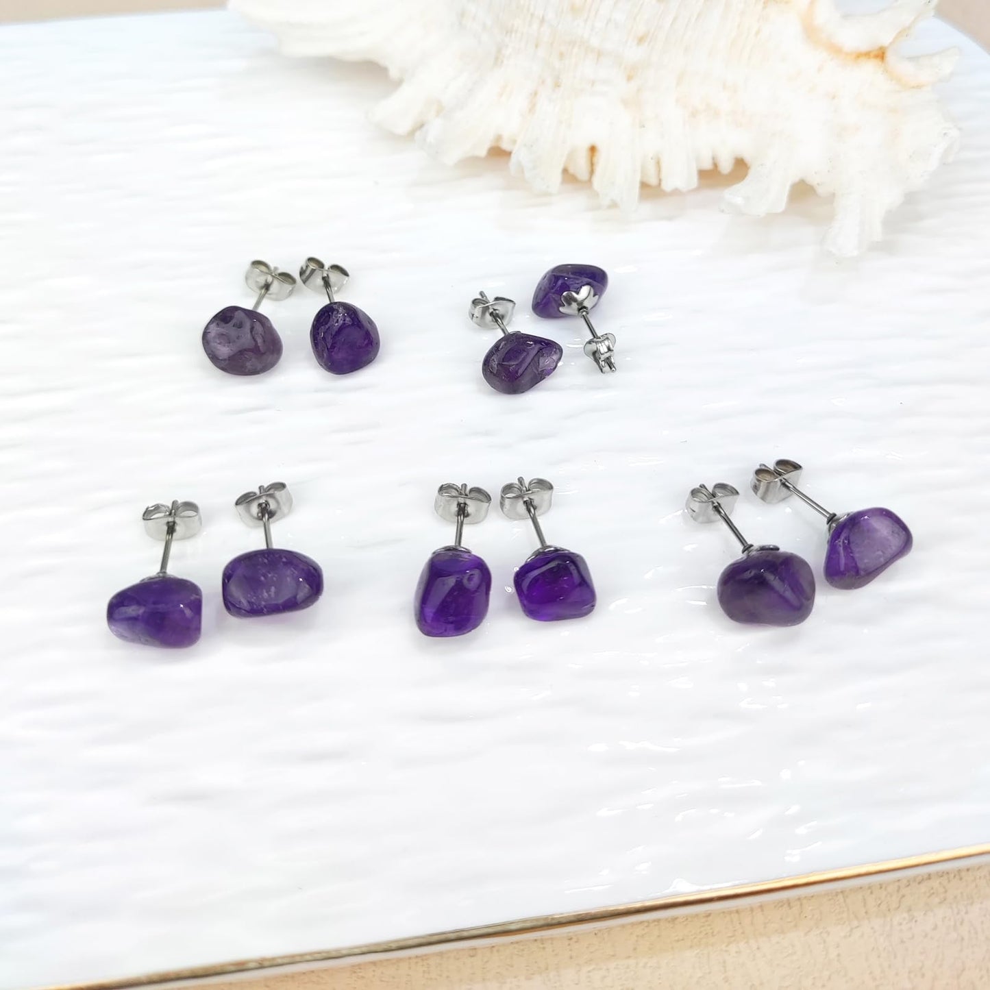 Amethyst Earrings, Irregular Gemstone Purple Amethyst Stud Earrings Stainless Steel, Reiki Healing Crystal Birthstone Earrings for Women(Amethyst)