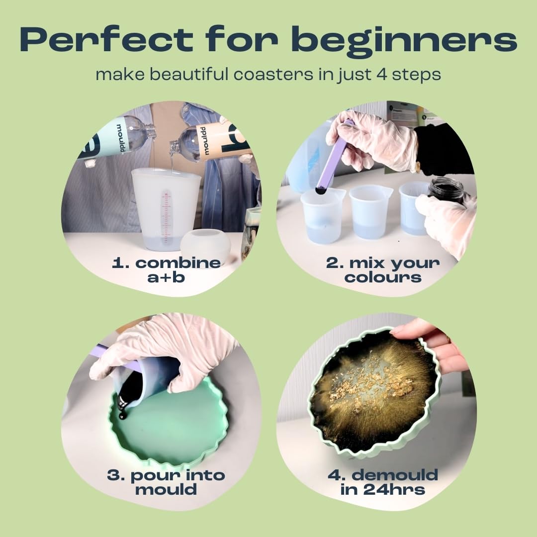 Mouldd Resin at Home Coaster Kit for Adults. for Beginners, Makes 10 Drinks Coasters. Craft Kit for Adults. Includes Resin, Tools, Colours, Gloves and How-to-Guide (Clear - Jagged)