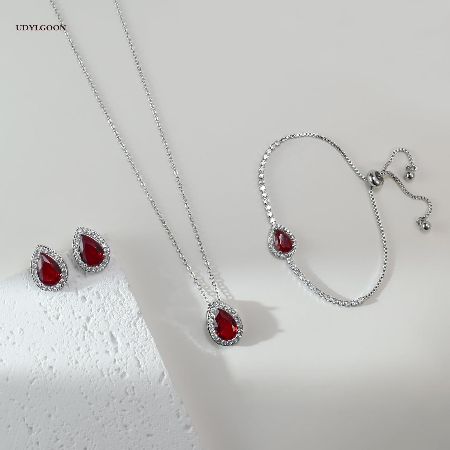 UDYLGOON Teardrop CZ Bridal Jewelry Set Imitation Diamond Earrings Necklace Bracelet for Bride Bridesmaids Wedding Prom Party (Drop-Red)