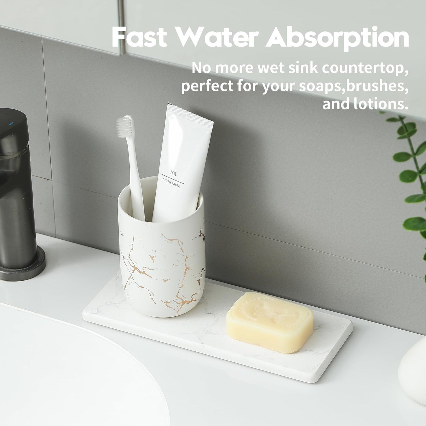 2PCS Water Absorbing Stone Drying Tray for Kitchen Counter & Bathroom Sink, Diatomite Faucet Splash Guard, Soap Dispenser Rack & Sponge Holder Caddy Organizer, Marble White (Printed Pattern), 9"x 3.5"